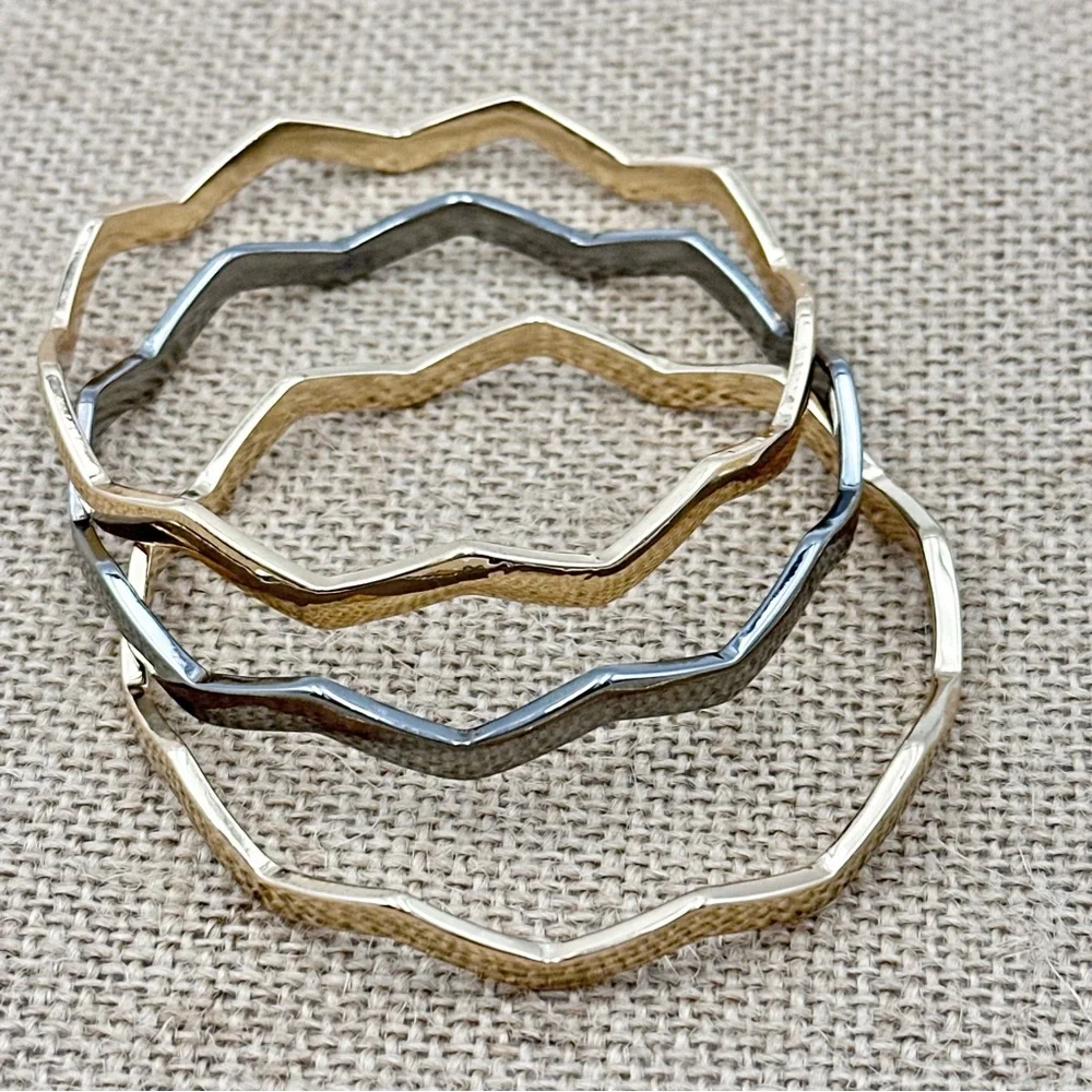 3 Gold Tone & Gun Metal Chevron Bangle Bracelets